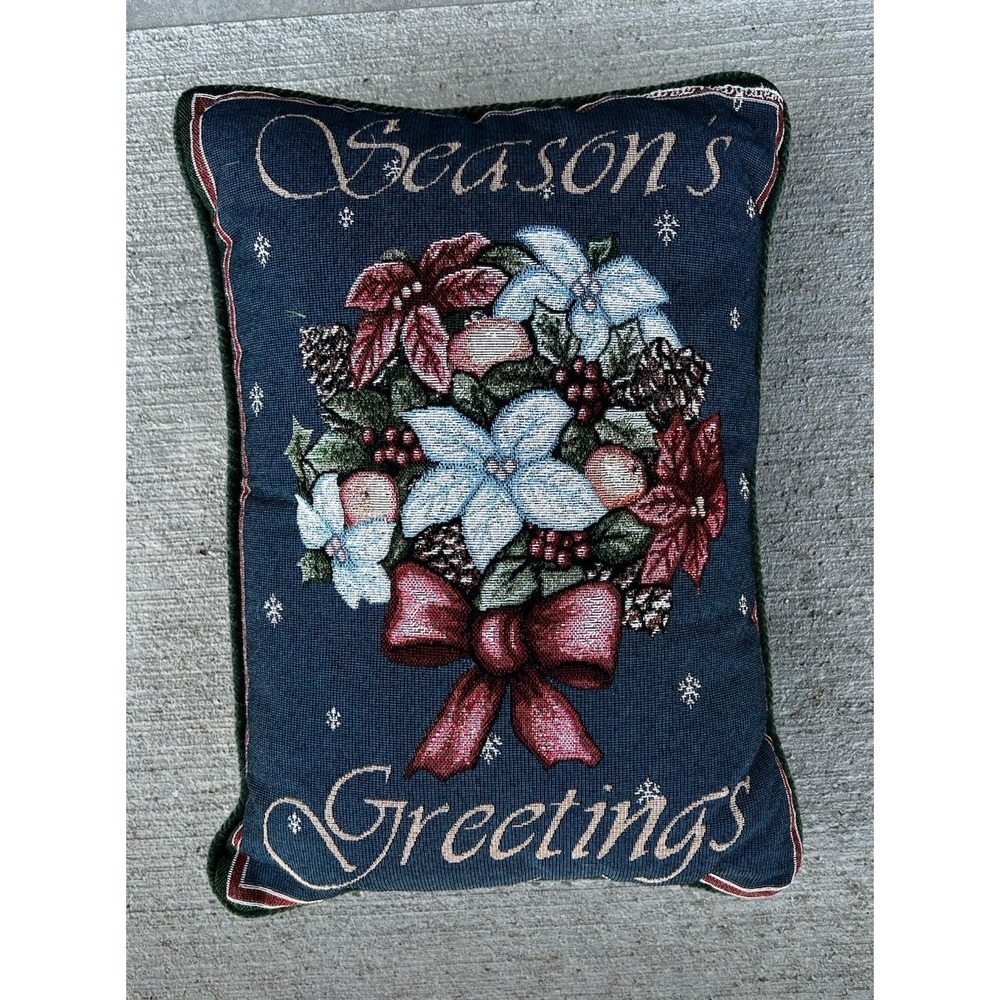 Seasons Greetings Decorative Pillow Lumbar Tapestry Christmas Poinsettia Flowers
